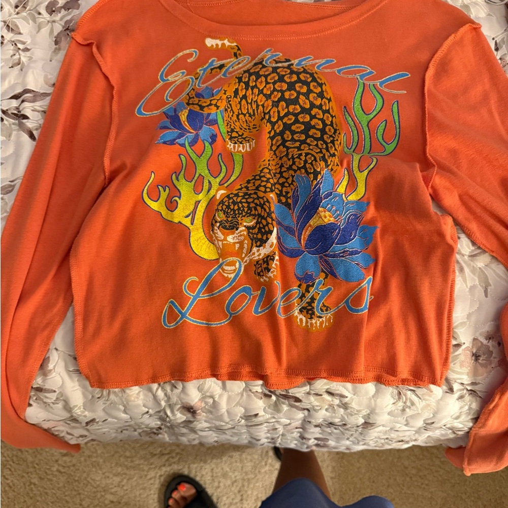Urban Outfitters Orange Long Sleeve Tee with Leopard Design
